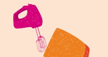 Risograph Elektrik Karıştırıcı ve geometrik şekilli konuşma balonu animasyonu. Moda riso grafik tasarım videosunda nesne taşınıyor.