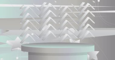 Gümüş ve beyaz model ürün animasyonu, en az geometrik formda video ile boş sahne. Yaya podyumu çizgi filmi. Sunum için sahne gösterisi.
