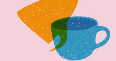 Risograph Coffee Cup ve geometrik şekilli konuşma balonu animasyonu. Moda riso grafik tasarım videosunda nesne taşınıyor.