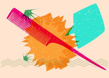 Geometrik şekilli konuşma baloncuklu Risograph tarak. Geometri elemanları ile modayı gösteren riso grafik desen tasarımı nesneleri.