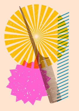 Geometrik şekilli konuşma baloncuklu Risograph tarak. Geometri elemanları ile modayı gösteren riso grafik desen tasarımı nesneleri.