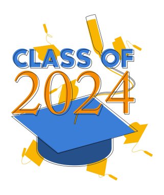 2024 mezuniyet tasarım şablonu. Klasik parti davetiyesi, kutlama etkinliği, tebrik kartı. Vektör lisesi ya da üniversite mezunu posteri.