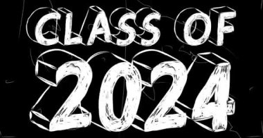 2024 mezuniyet sınıfı, eski kaotik film şeridinin kelime animasyonu ve grunge etkisi. Yoğun televizyon, video yüzeyi, klasik ekran beyaz çizikler, kesikler, toz ve lekeler.