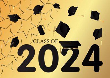 2024 Mezuniyet Şablonu Siyah ve Altın Sınıfı. Klasik parti davetiyesi, kutlama etkinliği, tebrik kartı. Vektör lise ya da üniversite mezuniyet posterinde retro sanat deco elementleri var..
