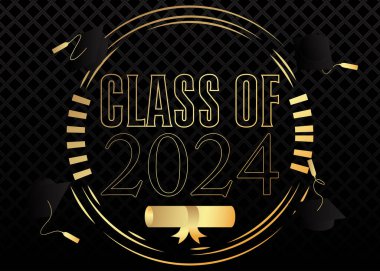 2024 Mezuniyet Şablonu Siyah ve Altın Sınıfı. Klasik parti davetiyesi, kutlama etkinliği, tebrik kartı. Vektör lise ya da üniversite mezuniyet posterinde retro sanat deco elementleri var..