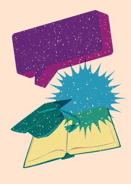 Geometrik şekilli konuşma baloncuklu Risograph Book ve Graduation şapkası. Geometri elemanları ile modayı gösteren riso grafik desen tasarımı nesneleri.