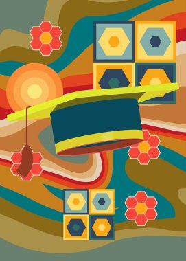 Geçmişi 70 'ler, mezuniyet yüzbaşısı, havan topu. Harika bir eğitim kutlaması. 1970 'lerin sanat şablonu. Minimalist Vintage tasarım posteri. Eski moda renkli sanat eserleri.