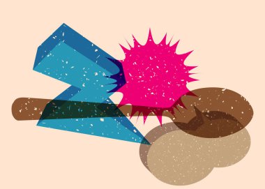 Geometrik şekilli konuşma baloncuklu Risograph kaşık. Geometri elemanları ile modayı gösteren riso grafik desen tasarımı nesneleri.