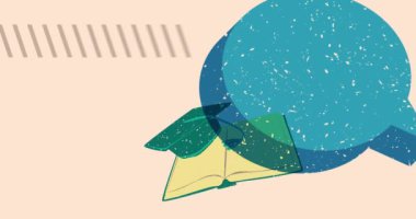 Risograph Book ve Graduation şapkası ve geometrik şekilli konuşma balonu animasyonu. Moda riso grafik tasarım videosunda nesne taşınıyor.