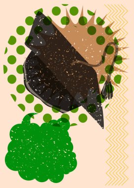 Geometrik şekilli konuşma baloncuklu Risograph mezuniyet şapkası. Geometri elemanları ile modayı gösteren riso grafik desen tasarımı nesneleri.