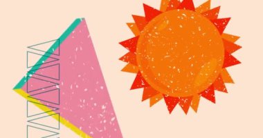 Risograph Summer Sun ve geometrik şekilli konuşma balonu animasyon. Moda riso grafik tasarım videosunda nesne taşınıyor.