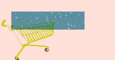 Risograph Alışveriş Arabası ve geometrik şekilli konuşma balonu animasyonu. Moda riso grafik tasarım videosunda nesne taşınıyor.
