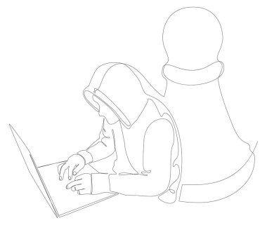 Dizüstü bilgisayarı ve satranç piyonu olan Hacker 'ın sürekli bir çizgisi. İnce Çizgi Çizimi Vektör Konsepti. Contour Yaratıcı Fikirler Çiziyor.