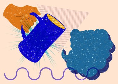 Geometrik şekilli konuşma baloncuğuyla Risograph birası. Geometri elemanları ile modayı gösteren riso grafik desen tasarımı nesneleri.