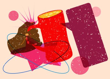 Geometrik şekilli konuşma baloncuğuyla Risograph birası. Geometri elemanları ile modayı gösteren riso grafik desen tasarımı nesneleri.