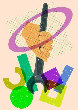 Geometrik şekillerle çevrili risograph anahtarı. Geometri elemanları ile modayı gösteren riso grafik desen tasarımı nesneleri.