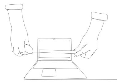 Ruler bantlı sürekli bir dizüstü bilgisayar hattı. İnce Çizgi Çizimi Vektör Konsepti. Contour Yaratıcı Fikirler Çiziyor.
