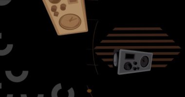 Radyo, siyah ve kahverengi geometrik grafik retro Podcasting temalı arka plan videosu. Minimum geometrik elementler animasyonu. Klasik soyut şekiller reklam için resimleme.