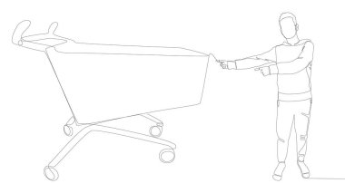 Sürekli bir sıra insan parmağı ve alışveriş arabasıyla işaret ediyor. İnce Çizgi Çizimi Vektör Konsepti. Contour Yaratıcı Fikirler Çiziyor.