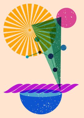 Renkli geometrik şekiller. Moda riso grafik tasarımlı nesne. Geometri ögeleri soyut risograf baskı desen biçimi.