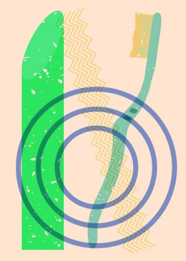 Geometrik şekilli Risograph diş fırçası. Geometri elemanları ile modayı gösteren riso grafik desen tasarımı nesneleri.