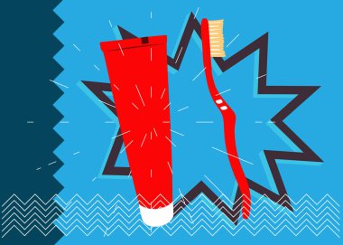 Diş fırçası ve diş macunu geometrik grafik retro tema arka planı. Minimum geometrik elementler. Klasik soyut şekiller vektör illüstrasyonu.