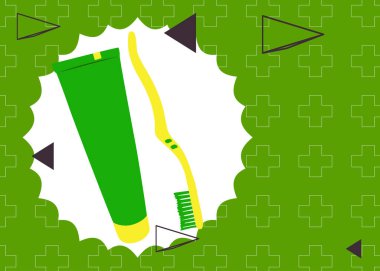 Diş fırçası ve diş macunu geometrik grafik retro tema arka planı. Minimum geometrik elementler. Klasik soyut şekiller vektör illüstrasyonu.