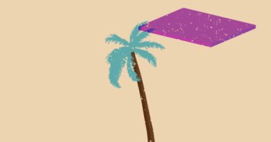 Geometrik şekilli Risograph Palm Tree animasyonu. Moda riso grafik tasarım videosunda nesne taşınıyor.