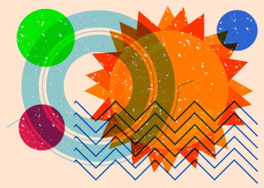 Geometrik şekilli Risograph Summer Sun. Geometri elemanları ile modayı gösteren riso grafik desen tasarımı nesneleri.