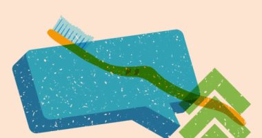 Risograph diş fırçası ve geometrik şekilli konuşma balonu animasyon. Moda riso grafik tasarım videosunda nesne taşınıyor.