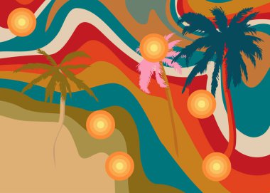 Retro 70 'lerin Palm Tree' si. Dâhice Egzotik 1970 sanat şablonu. Minimalist Vintage tasarım posteri. Eski moda renkli sanat eserleri.