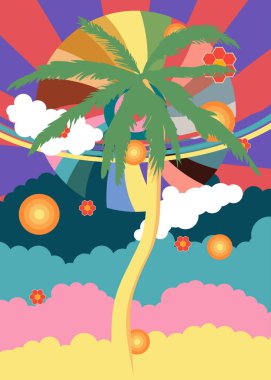 Retro 70 'lerin Palm Tree' si. Dâhice Egzotik 1970 sanat şablonu. Minimalist Vintage tasarım posteri. Eski moda renkli sanat eserleri.