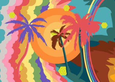 Retro 70 'lerin Palm Tree' si. Dâhice Egzotik 1970 sanat şablonu. Minimalist Vintage tasarım posteri. Eski moda renkli sanat eserleri.