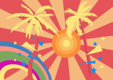 Retro 70 'lerin Palm Tree' si. Dâhice Egzotik 1970 sanat şablonu. Minimalist Vintage tasarım posteri. Eski moda renkli sanat eserleri.