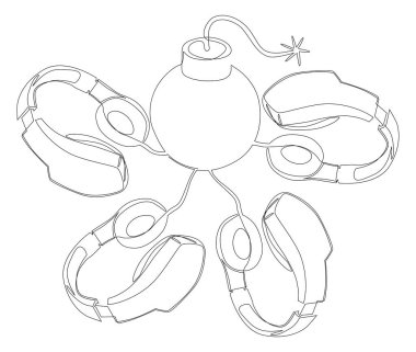 Sürekli bir bomba hattı ve kulaklık. İnce Çizgi Çizimi Vektör Konsepti. Contour Yaratıcı Fikirler Çiziyor.
