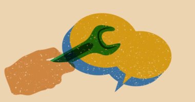 Risograph anahtarı ve geometrik şekilli konuşma balonu animasyonu. Moda riso grafik tasarım videosunda nesne taşınıyor.