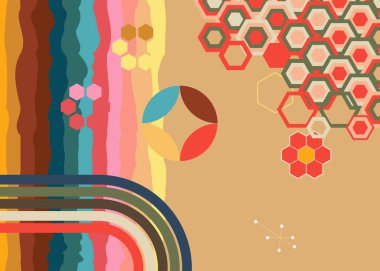 Geçmişe dönük 70 'ler. Harika 1970 'lerin soyut sanat şablonu. Minimalist çizgili tasarım posteri. Eski moda gökkuşağı renkli sanat eserleri.