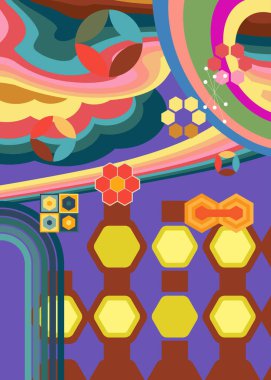 Geçmişe dönük 70 'ler. Harika 1970 'lerin soyut sanat şablonu. Minimalist çizgili tasarım posteri. Eski moda gökkuşağı renkli sanat eserleri.