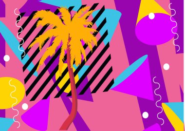 Palm Tree geometrik grafik retro temalı arka plan. Minimum geometrik elementler. Klasik soyut şekiller vektör illüstrasyonu.