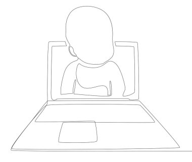 Baby ile sürekli bir dizüstü bilgisayar hattı. İnce Çizgi Çizimi Vektör Konsepti. Contour Yaratıcı Fikirler Çiziyor.