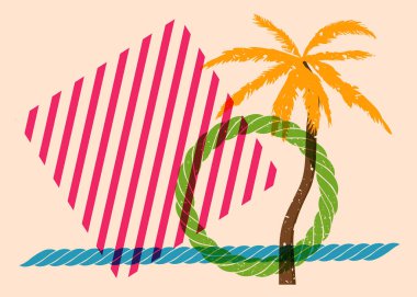 Geometrik şekilli Risograph Palmiyesi. Geometri elemanları ile modayı gösteren riso grafik desen tasarımı nesneleri.