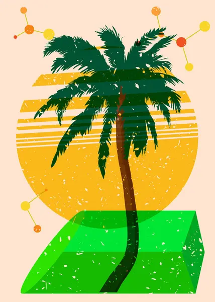 stock vector Risograph Palm Tree with geometric shapes. Objects in trendy riso graph print texture style design with geometry elements.