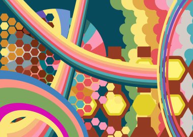 Geçmişe dönük 70 'ler. 1970 'lerin muhteşem sanat şablonu. Minimalist çizgili tasarım posteri. Eski moda gökkuşağı renkli sanat eserleri.