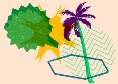 Geometrik şekilli konuşma baloncuklu Risograph Palm Tree. Geometri elemanları ile modayı gösteren riso grafik desen tasarımı nesneleri.