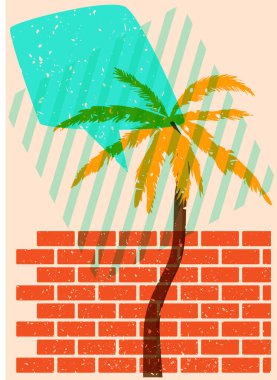 Geometrik şekilli konuşma baloncuklu Risograph Palm Tree. Geometri elemanları ile modayı gösteren riso grafik desen tasarımı nesneleri.