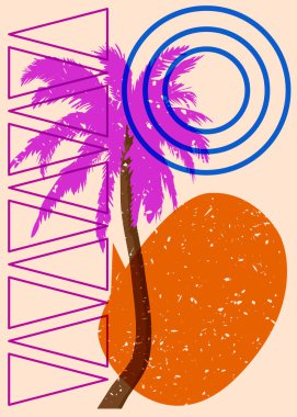 Geometrik şekilli konuşma baloncuklu Risograph Palm Tree. Geometri elemanları ile modayı gösteren riso grafik desen tasarımı nesneleri.