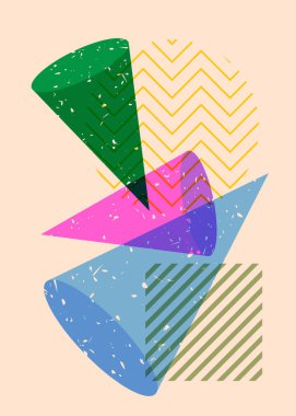Renkli geometrik şekiller. Moda riso grafik tasarımlı nesne. Geometri ögeleri soyut risograf baskı desen biçimi.