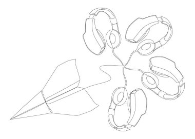 Kulaklıklı, sürekli bir Paper Airplane hattı. İnce Çizgi Çizimi Vektör Konsepti. Contour Yaratıcı Fikirler Çiziyor.