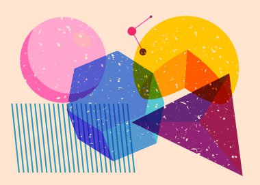 Renkli büyük geometrik şekiller. Moda riso grafik tasarımlı nesne. Geometri ögeleri soyut risograf baskı desen biçimi.