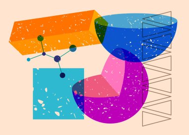 Renkli büyük geometrik şekiller. Moda riso grafik tasarımlı nesne. Geometri ögeleri soyut risograf baskı desen biçimi.